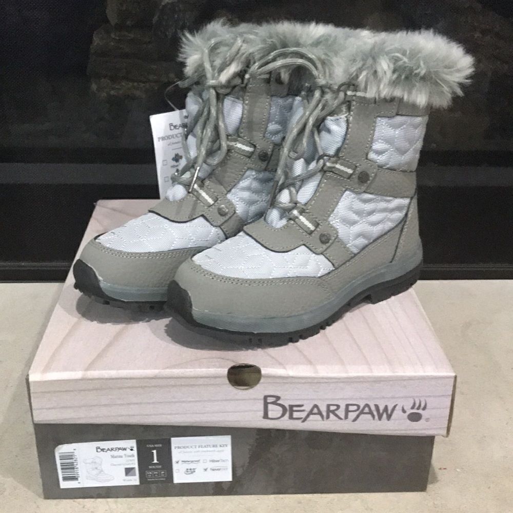 BearPaw Youth Size 1 Winter Snow Boot, Grey & Charcoal, Width: M, Waterproof - Picture 2 of 8